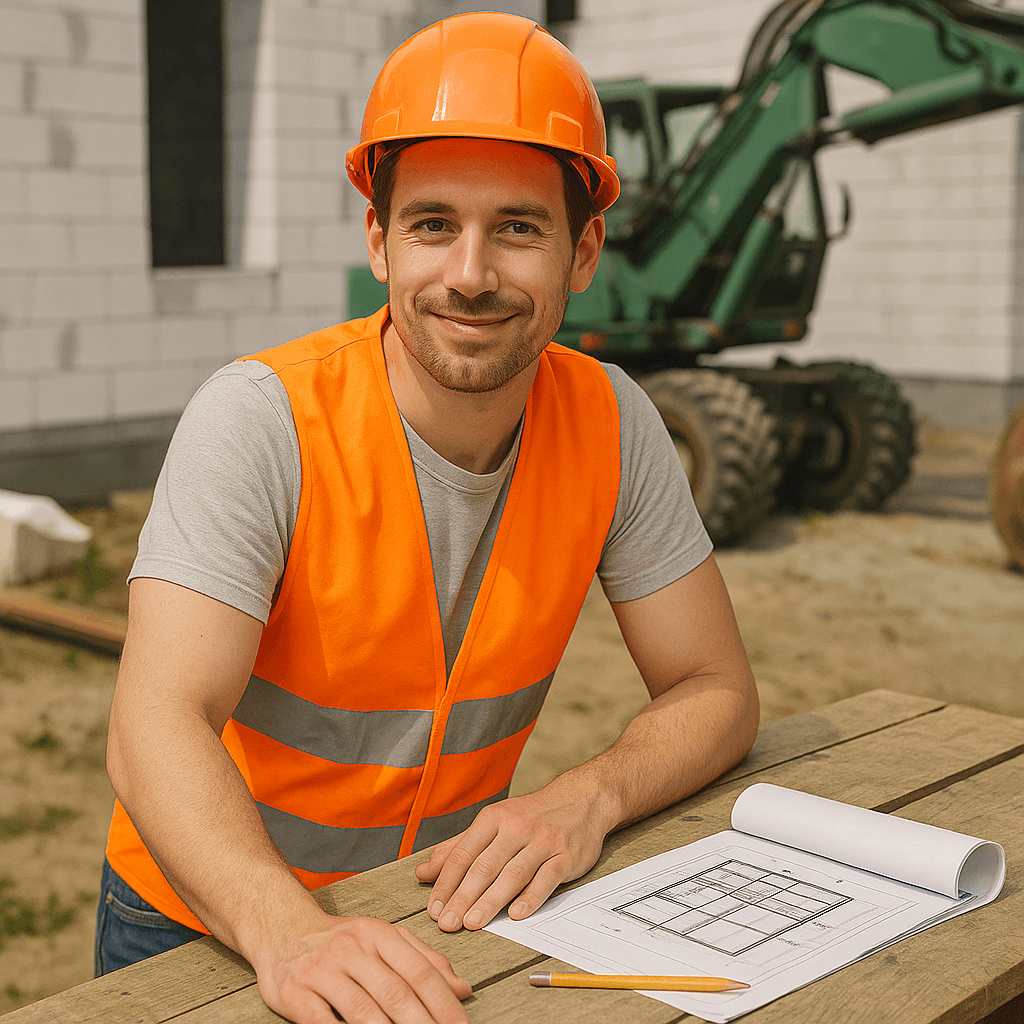 Freundlicher Bauarbeiter in orangefarbener Weste und Helm steht auf einer Baustelle vor einem Bagger, lächelt und zeigt Daumen hoch neben einem Arbeitstisch mit Werkzeugen und Bauplan.
