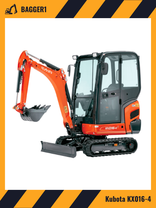 Oranger Bagger mit Fahrerkabine steht auf Betonboden.