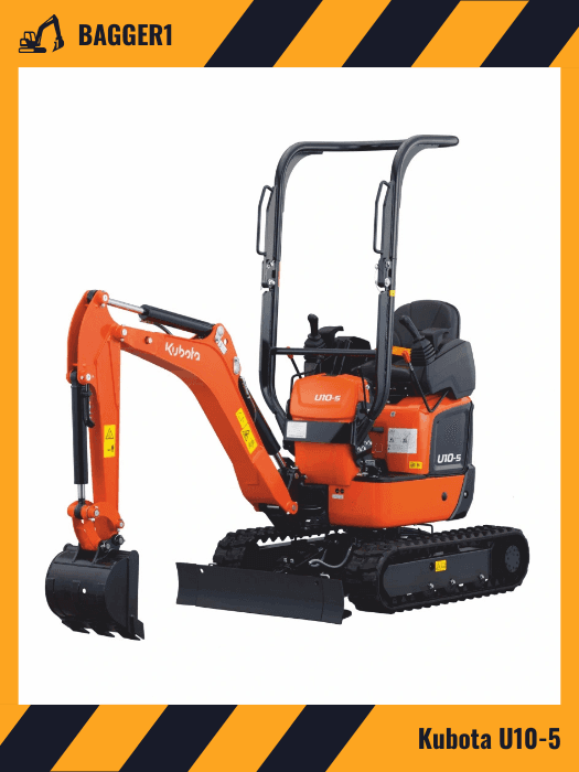 Oranger Bagger mit Fahrerkabine steht auf Betonboden.